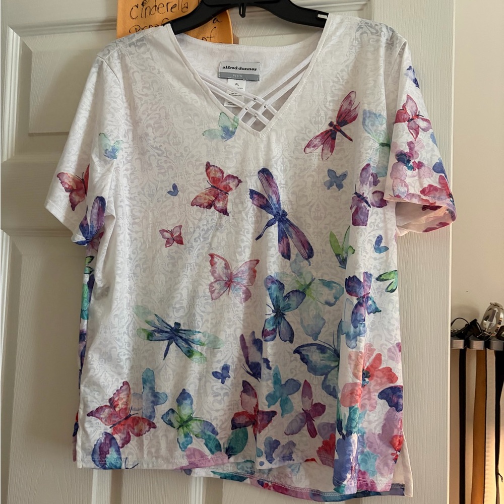 Alfred Dunner White Top with Multicolor Butterfly Print